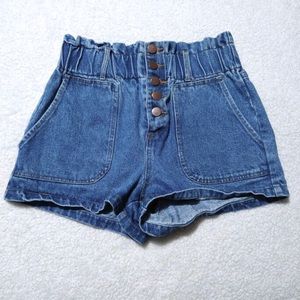 Honey Punch blue denim paper bag waist shorts
